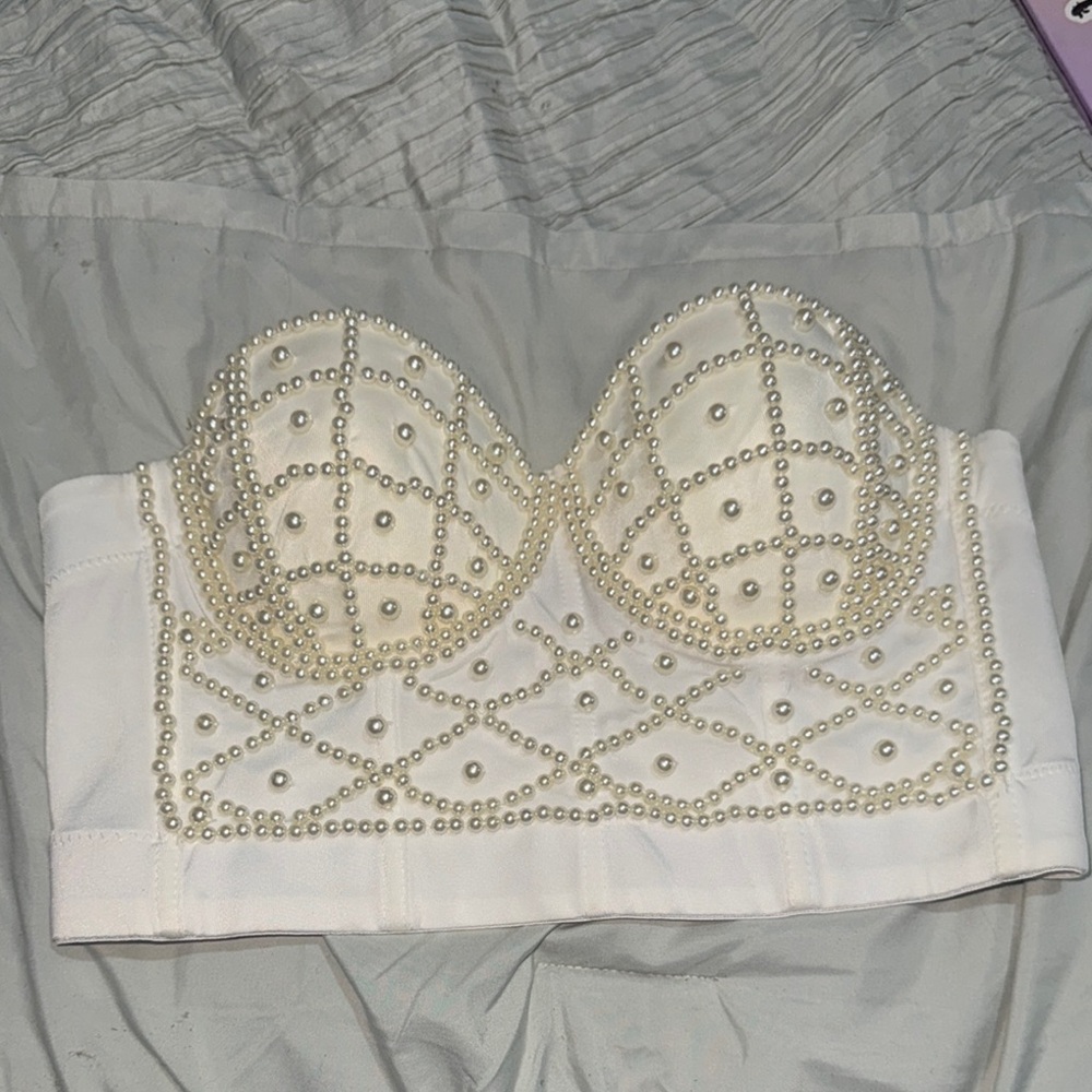 Elegant Pearl-Embellished White Bustier
